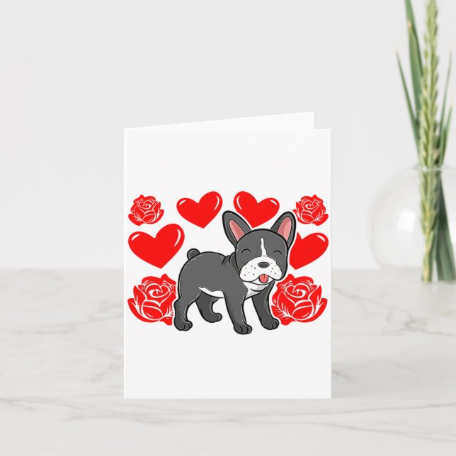 Cartão Love Heart Valentines Day Roses French Bulldog Bo  (Frente)