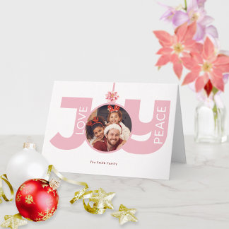 Cartão Love Peace Joy Pink Poinsettia Foto de Natal