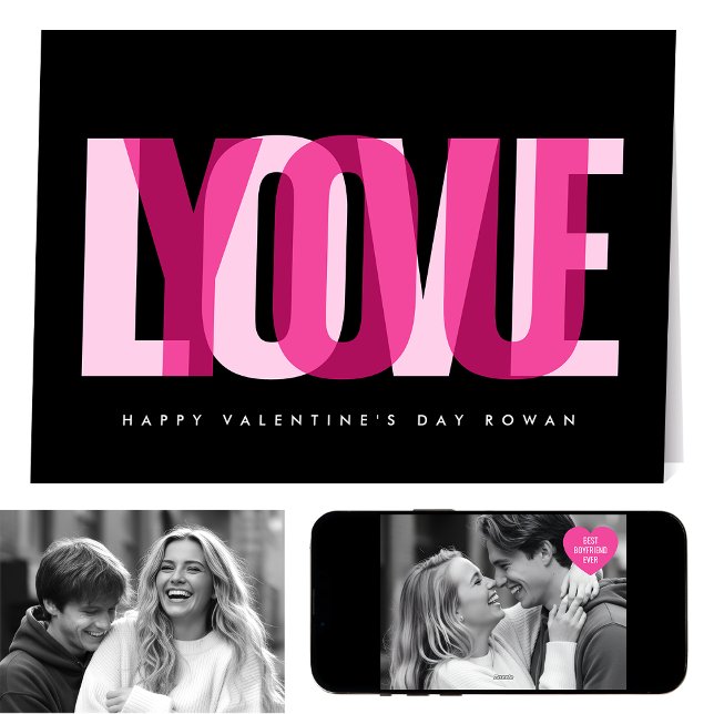 Cartão Love You 2 Photo Happy Valentine's Day Black Pink (Criador carregado)