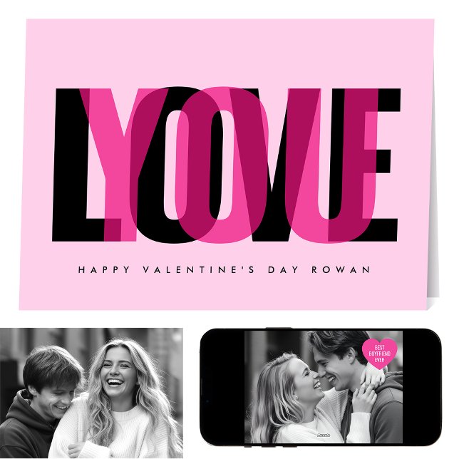 Cartão Love You Custom 2 Photo Happy Valentine's Day Pink (Criador carregado)