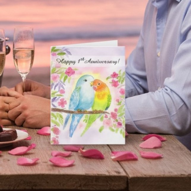 Cartão Lovebirds Happy 1st Anniversary  (Criador carregado)