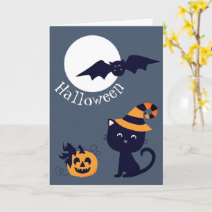 Cartão Lua Com Bat Pumpkin E Gato Vestindo Um Chapéu De