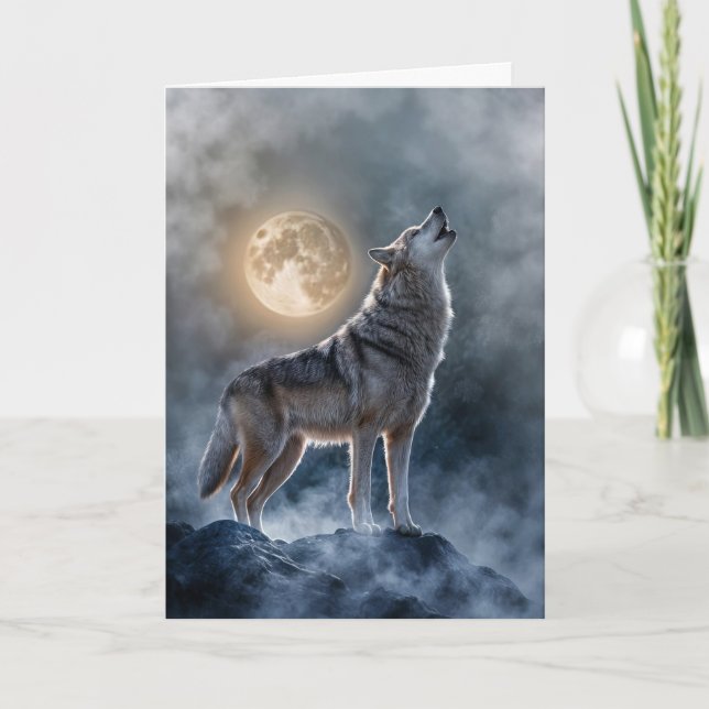 Cartão Lua do Solstício de Inverno e Lobo na Névoa Místic (Frente)