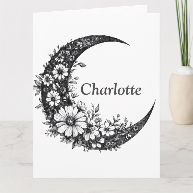 Cartão Lua e Flores Arte com Nome Personalizável (Frente)