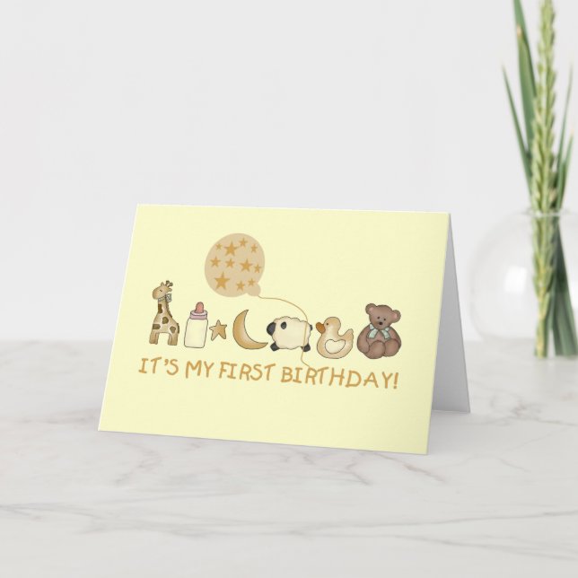 Cartão Lua, estrelas e animais Primeiro aniversário (Frente)
