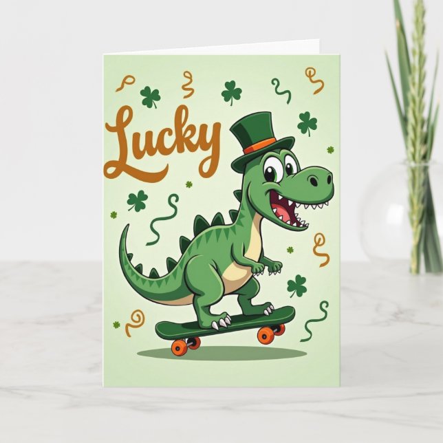 Cartão Lucky Green Dino Pattern Card (Frente)