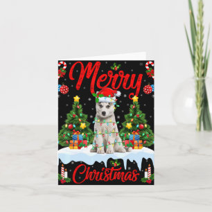 Cartão Luzes Árvore de Natal Papai Noel Cão Husky Siberia