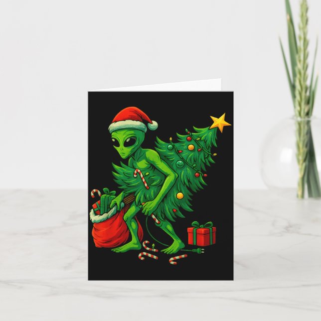 Cartão Luzes de árvore de Natal alienígena Xmas Meninos H (Frente)