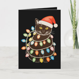 Cartão Luzes de árvore de Natal de gato preto Chapéu de P
