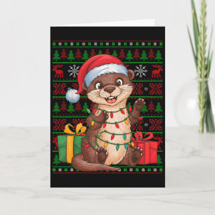 Cartão Luzes de Natal de Lontra Chapéu de Papai Noel Feio