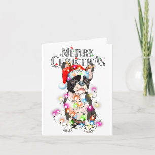 Cartão Luzes de Natal do Boston Terrier Cachorro de Natal