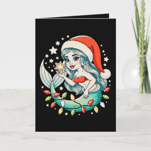 Cartão Luzes de Natal Sereia Chapéu do Papai Noel Xmas Vi
