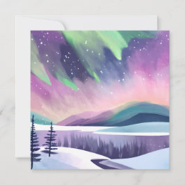 Cartão Luzes do Norte Noite de Inverno Colorida | Aquarel
