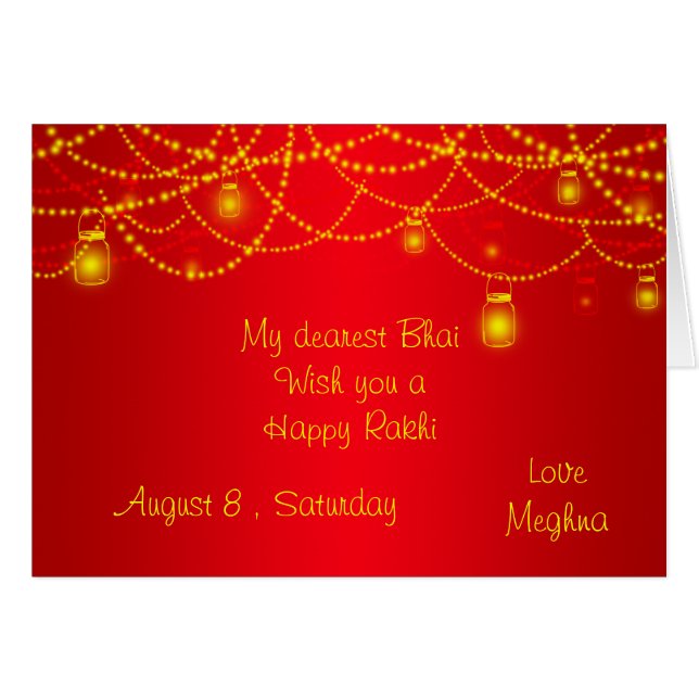 Cartão Luzes vermelhas elegantes Rakhi das lanternas (Frente horizontal)