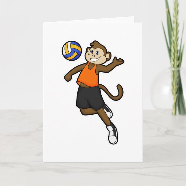 Cartão Macaco como jogador de volei com bola de volei (Frente)