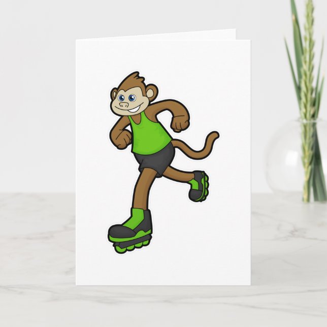 Cartão Macaco como patinador com patins em linha (Frente)