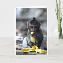 Cartão Macaco de macaque bonito do bebê que come a banana