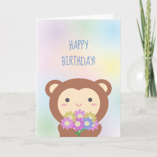 Cartão Macaco Kawaii Fofo e Flores Feliz Aniversário