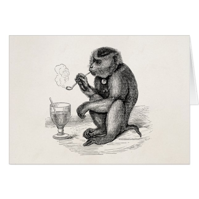 Cartão Macaco Vintage Fumando macacos Pipe Animal (Frente Horizontal)