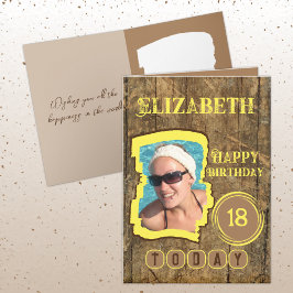 Cartão Madeira rustica amarela castanha 18.o aniversário