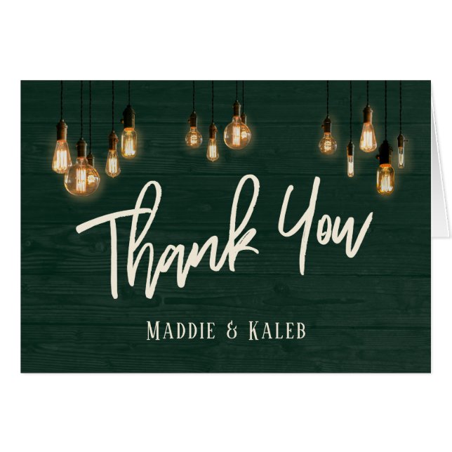 Cartão Madeira Verde Rústica Escura com Luzes de Edison O (Frente horizontal)