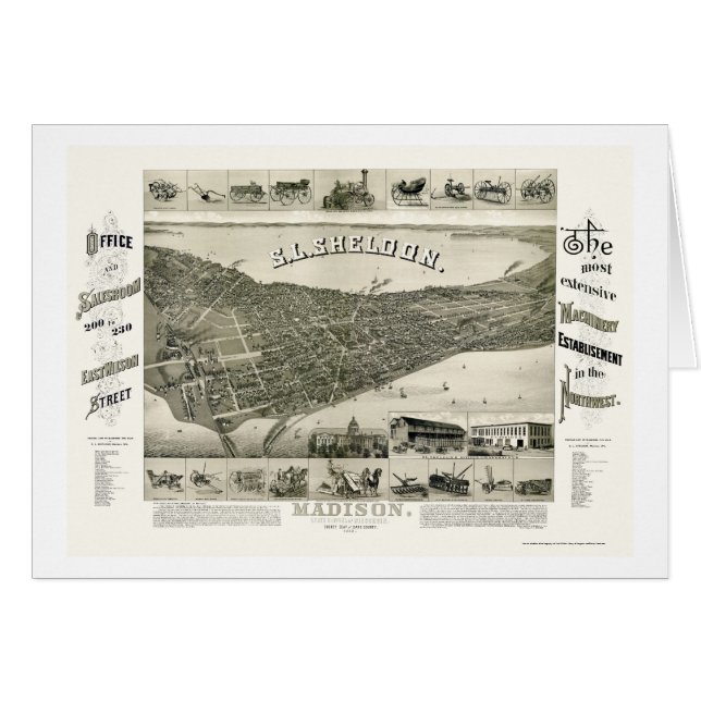 Cartão Madison, mapa panorâmico dos WI - 1885 (Frente Horizontal)