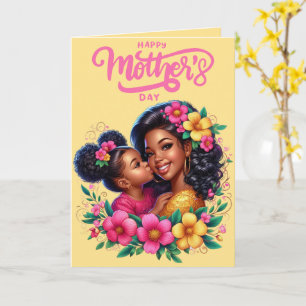 Cartão Mãe Afro-Americana e Filha Feliz Dia das Mães