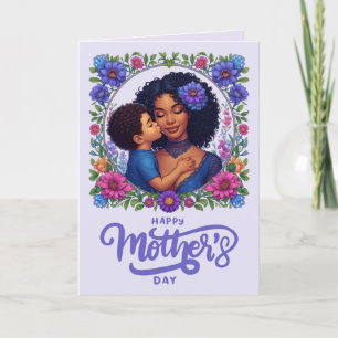 Cartão Mãe Afro-Americana e Filho Feliz Dia das Mães