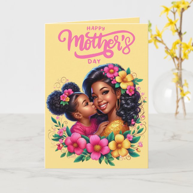 Cartão Mãe Afro-Americana & Filha Feliz Dia das Mães (Flor Amarela)