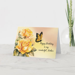 Cartão Mãe Aniversário Rosas Amarelas Monarch Borboleta