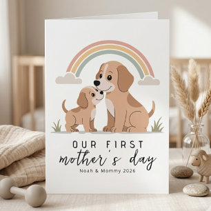 Cartão Mãe Cachorro Filhote Primeiro Dia das Mães Pastel 