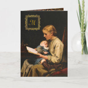 Cartão Mãe com seu bebê Vintage Dourado Monograma