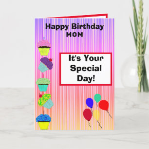 Cartão Mãe Cupcakes de Aniversário Ombre Stripes FOTO
