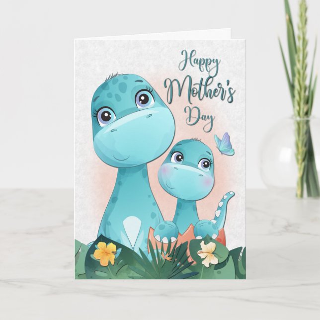 Cartão Mãe e bebê do Dinossauro para o Dia das Mães (Frente)