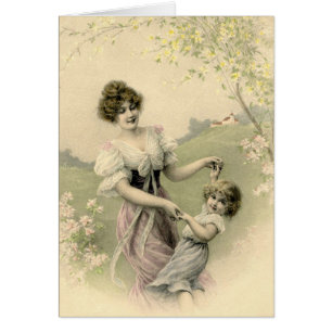 Cartão Mãe e filha do vintage que jogam o dia das mães