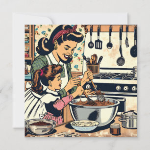 Cartão Mãe e Filha Retro Fofo Cozinhando Juntas