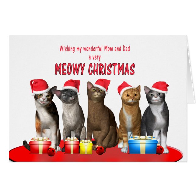 Cartão Mãe e pai, Gatos com chapéus de Natal (Frente Horizontal)
