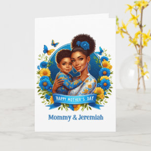 Cartão Mãe Étnica & Filho Azul/Amarelo Dia das Mães Feliz