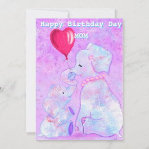 Cartão Mãe Feliz Aniversário Elefante Mãe e Bebê
