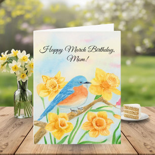 Cartão Mãe Feliz Março Aniversário Pássaro Azul