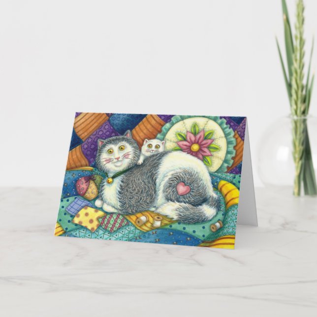 CARTÃO MÃE GATO E COZINHO, TRABALHOS DE PATCHWORK, PINCUS (Frente)