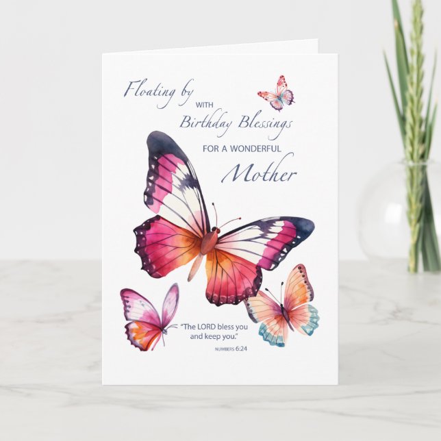 Cartão Mãe Religiosa Birthday Watercolor Butterflies (Frente)