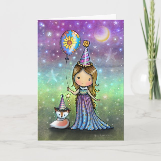 Cartão Magical Birthday Little Girl Balloon and Fox (Frente)