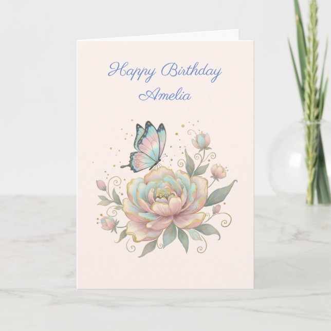 Cartão Magical Rose and Butterfly Pastel Colors Birthday (Frente)