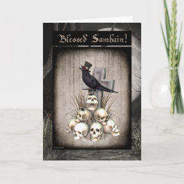 Cartão mágico de Samhain do corvo e dos crânios