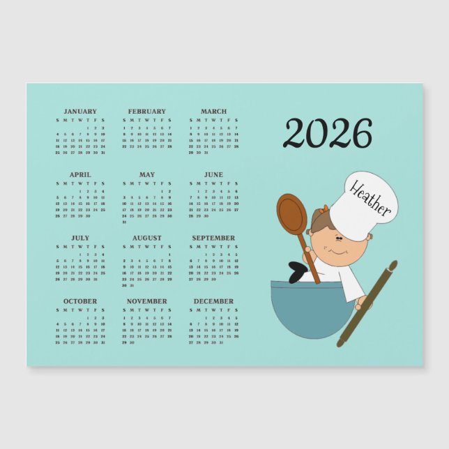 Cartão Magnético Calendário 2026 Chef Baker Design (Frente)
