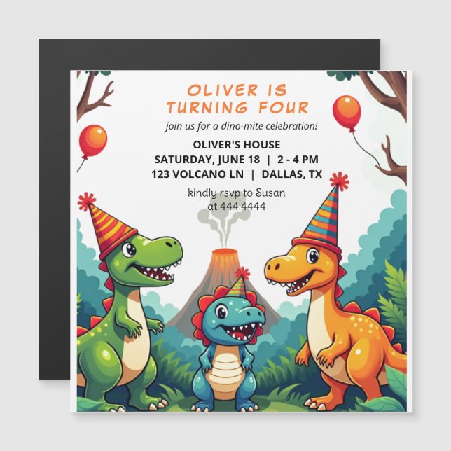 Cartão Magnético Convite de aniversário Dinosour (Frente/Verso)