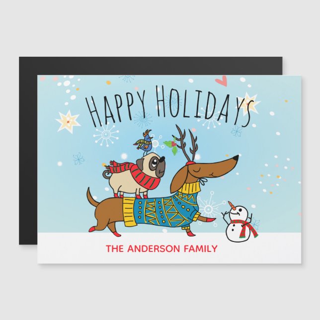 Cartão Magnético Dachshund, Pug e Pássaro (Frente/Verso)