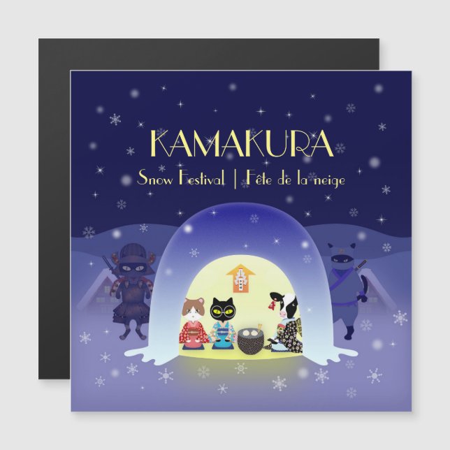 Cartão Magnético de Celebração de Neve de Edo-Neko (Frente/Verso)