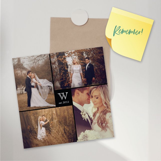 Cartão Magnético de Colagem de Fotografias Monogra (Square Monogram 4 Photo Collage Magnetic Card @ fat_fa_tin)